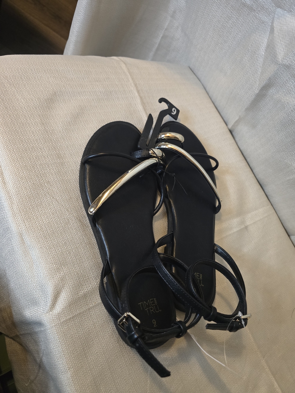 Time and Tru Black Sandals with Gold Accent Straps